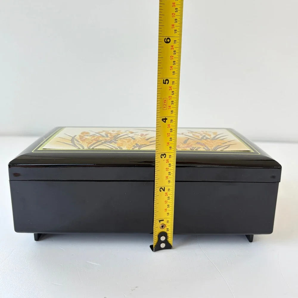 Vintage Japanese Black Lacquer Chokin Music Jewelry Box Hummingbird Iris Flower